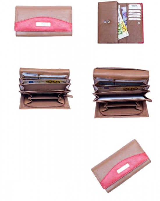 Women's Wallet with Metal Plate - Tan & Red - 1108M | RFID Protection